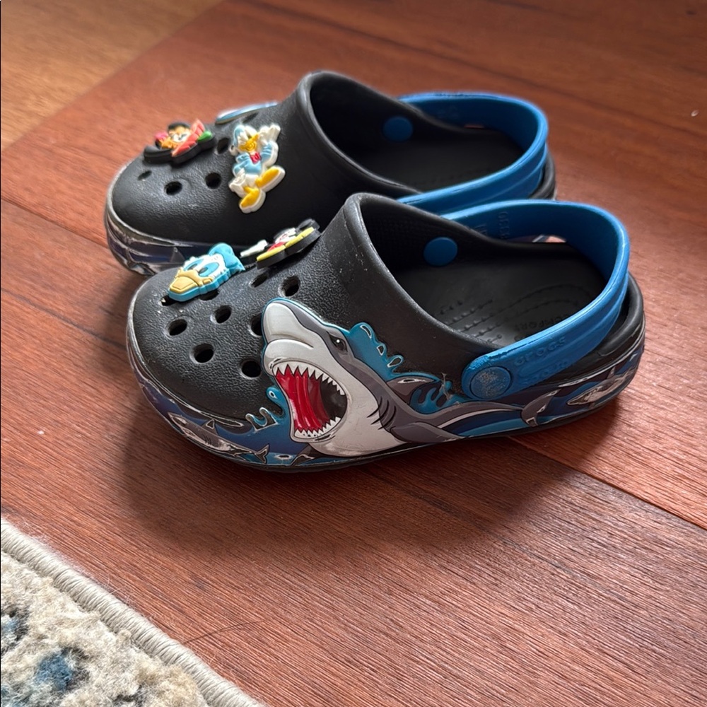 CROCS Black and Blue Sandals with Shark Design